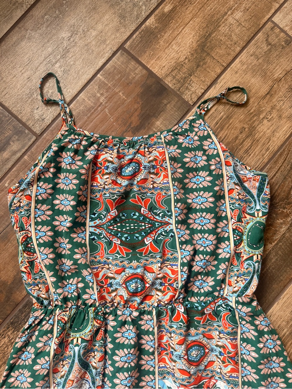 Green Floral Print Mini Dress with Orange Accents - Picture 2 of 9